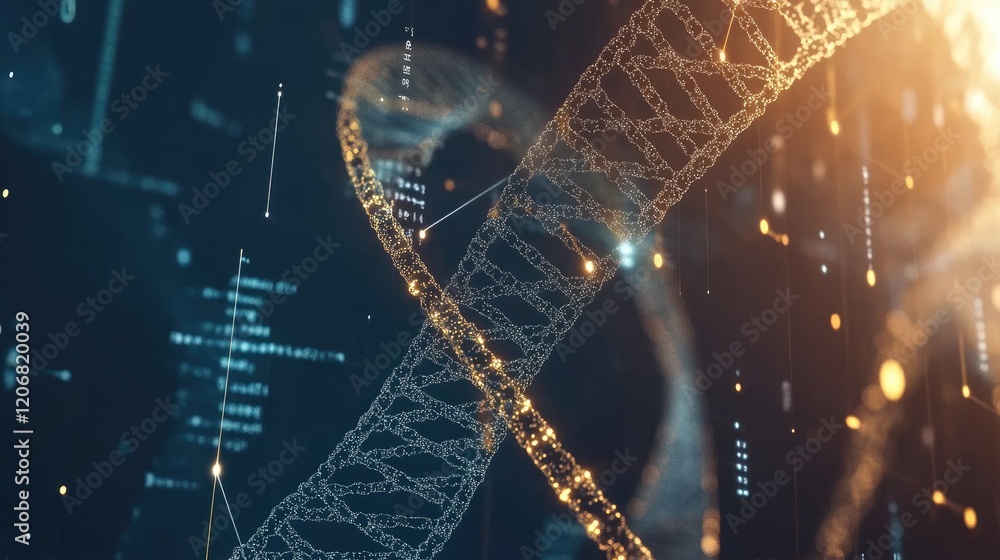 Poster Molecular structure with DNA strands and graphical elements in a biotechnology context. Perfect for visuals related to genetics, research, and biotech innovation.