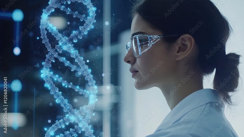 Poster Molecular structure with DNA strands and graphical elements in a biotechnology context. Perfect for visuals related to genetics, research, and biotech innovation.