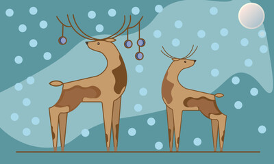 Winter reindeer illustration wint snowflakes and moon