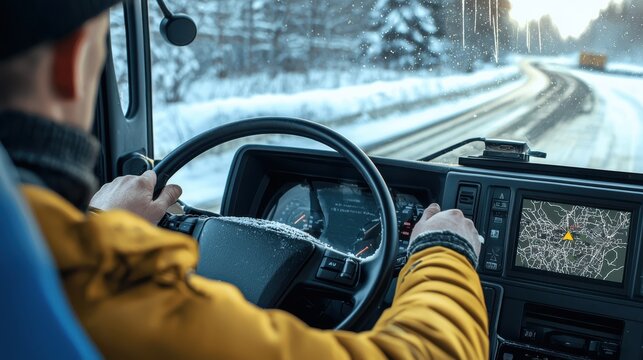 Driving truck on icy roads, navigating through winter conditions with focus on safety and precision. dashboard displays map for guidance