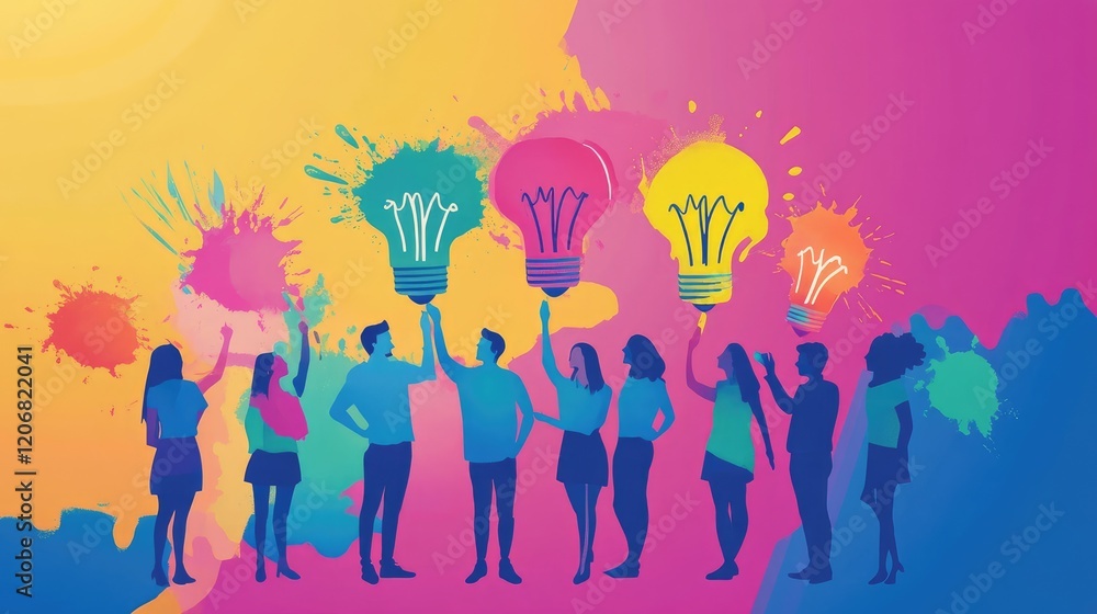 Poster people in a group brainstorming session, with splashes in the shape of light bulbs, representing cre