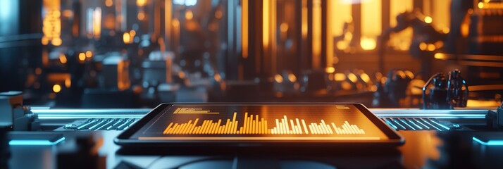 Glowing iPad Displays Financial Charts: Abstract Marketing Background for Shopping Festival. Dynamic Curves, Blue-Purple Light Streams, Transparent Architecture, Snowy Mountains, and Geometric Shapes 