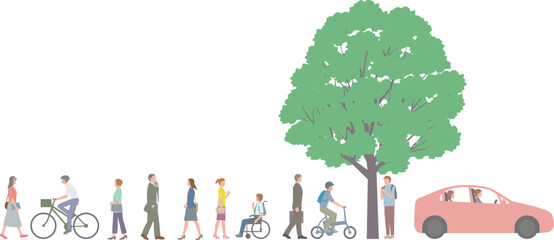 Print会社員やビジネスマンなど歩く人々の通勤風景イラスト