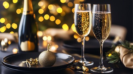 A classy New Year's Eve theme with subtle golden sparkles on a black canvas, leaving a large blank zone. 