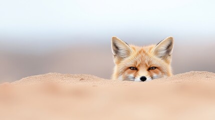 Fototapeta premium Curious Red Fox Peering Over Sandy Dune with Soft Focus Background in Desert Landscape, Capturing Nature's Beauty and Wildlife Behavior in Stunning Detail