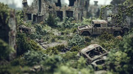 Post-Apocalyptic Ruins: Overgrown Vehicle Wreckage Amidst Decaying Structures