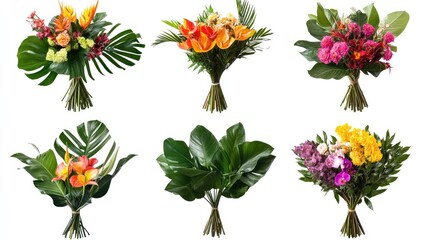Set of six fresh tropical bouquets with vibrant flowers and lush leaves, isolated on a white background with precise clipping paths for design or decoration purposes.