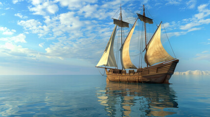 majestic wooden sailing ship glides across calm waters under blue sky, reflecting clouds. serene scene evokes sense of adventure and tranquility