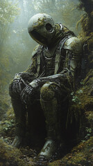 Fototapeta premium Stunning concept art lone armored warrior resting overgrown ruin detailed oil painting mystery solitude vibrant green soldier human antique wild sword ai decay nature fantasy clipart wallpaper game