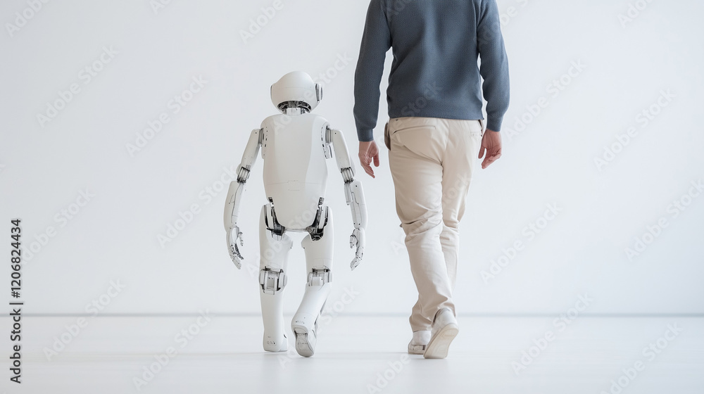 Poster human and robot walking together: a man and a humanoid robot walk side-by-side, viewed from behind, 