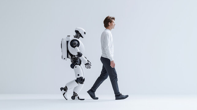 Man and Machine: A man and a humanoid robot walk side by side, their silhouettes stark against a minimalist backdrop, prompting contemplation of the future of human-AI coexistence.  