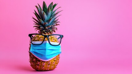 A pineapple wearing glasses and a mask against a pink background, symbolizing health and fun.