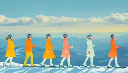 High spirit of people illustration concept. People skiing in colorful jackets against a serene snowy landscape under a blue sky.