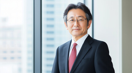Confident Businessman Portrait: A portrait of a mature, confident Asian businessman in a sharp suit and red tie, standing by a large window overlooking a cityscape.