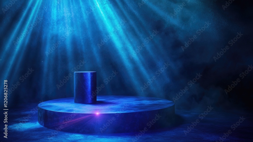 Aufkleber surreal empty stage with a cylinder podium and a circle shape on a holographic neon blue background.