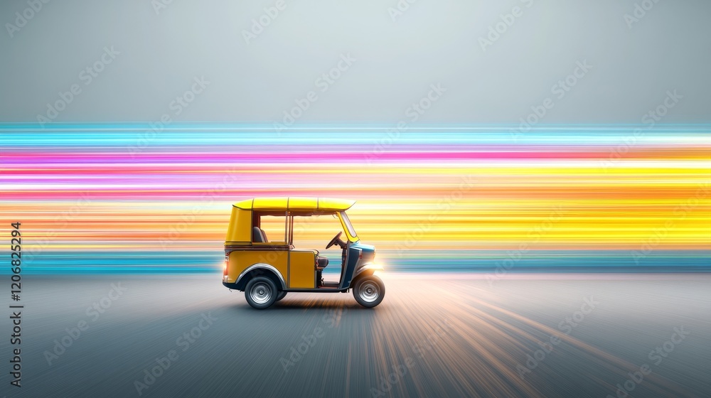 Poster vibrant and dynamic motion of a colorful auto rickshaw on a blurred background with colorful light t