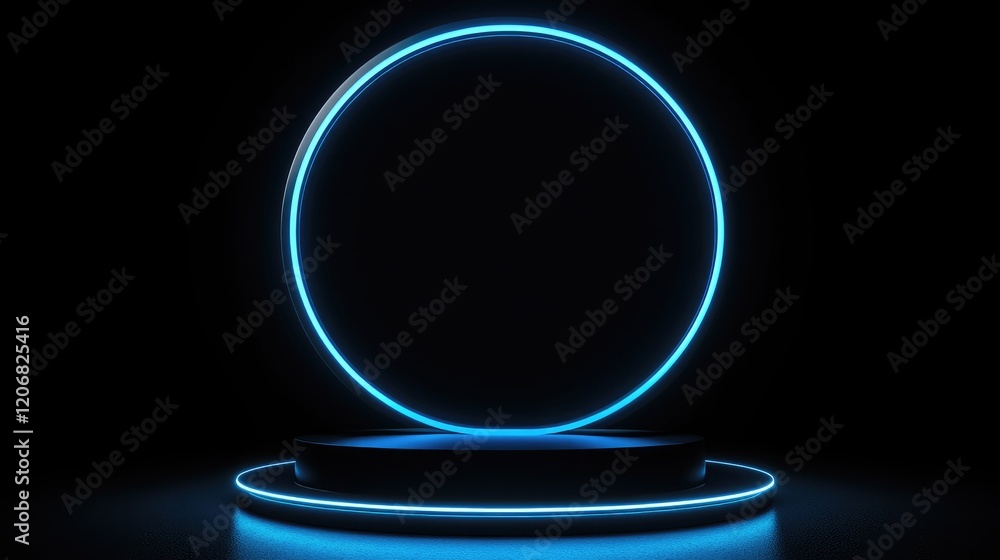Aufkleber surreal empty stage with a cylinder podium and a circle shape on a holographic neon blue background.