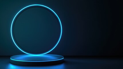 Surreal neon blue background with a minimalist podium and circle shape. Elegant scene for displaying cosmetic products, beauty mockups, or packaging designs.