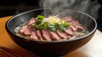 Delicious steaming bowl of beef noodle soup