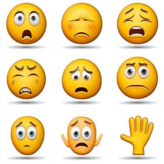 Fototapeta premium Collection of Various Emotions Depicted by Colorful Expression Faces in a Grid Layout, Illustrating Sadness, Surprise, Happiness, Confusion, and More