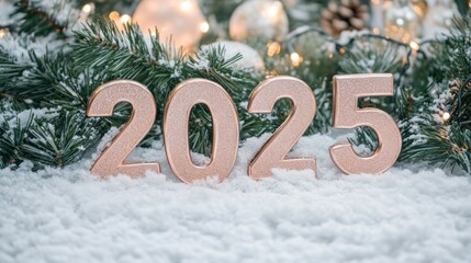 Rose gold 2025 on snowy ground with lights and fir.