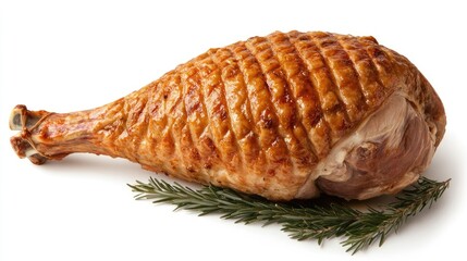 Golden roasted turkey leg garnished with fresh herbs