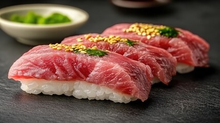 Fresh sushi with tuna and sesame seeds on a dark surface