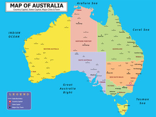 Obraz premium Australian Countries Geography Political map. Political map of country with capital, province or state capital, major cities and town.