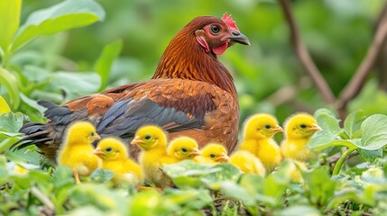 Hen and her adorable chicks in a lush garden setting