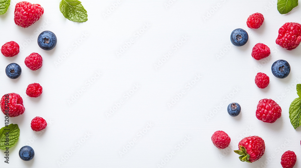 Poster fresh berry frame: a vibrant display of fresh raspberries and blueberries arranged in a symmetrical 