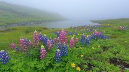 Obraz premium Serene Beach with Vibrant Wildflowers and Misty Horizon