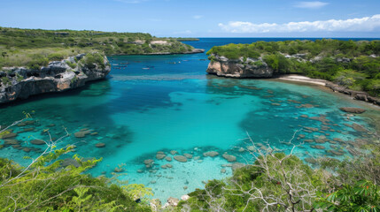 Fototapeta premium stunning coastal view featuring clear turquoise waters, rocky cliffs, and lush greenery under bright blue sky. This serene landscape invites relaxation and exploration