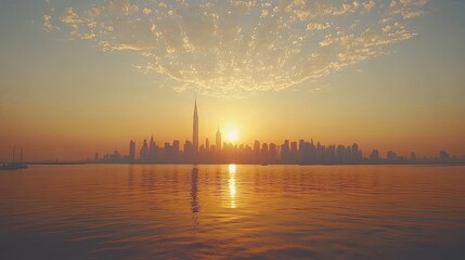 Sunset over a city skyline reflecting on calm waters