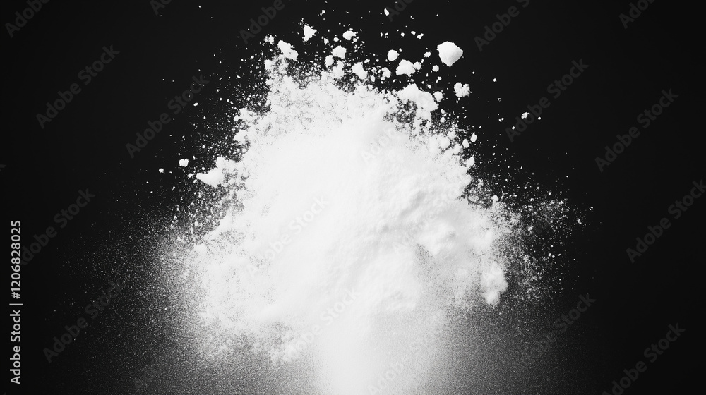 Poster white powder explosion: a dramatic high-speed image of white powder exploding against a black backgr