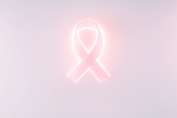 Glowing pink ribbon symbolizing breast cancer awareness, set against soft pastel background. Concept of hope, solidarity, and global fight for cancer awareness and research. Copy space