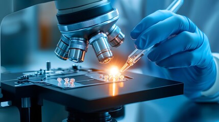 Researcher inspecting samples under microscope in laboratory scientific study close-up modern analytical technology