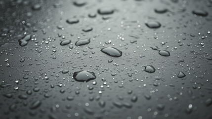 Water Droplets on Gray Surface: A macro photograph capturing the delicate beauty of water droplets scattered across a smooth, gray surface. Their reflective surfaces create captivating patterns.