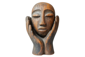 Unique carved wooden sculpture of a serene face cradled by hands represents tranquility and artistry