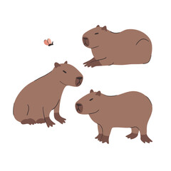 Cute hand drawn illustration set with capybaras . Animal vector objects isolated on white. Template for package, gift card, ads design
