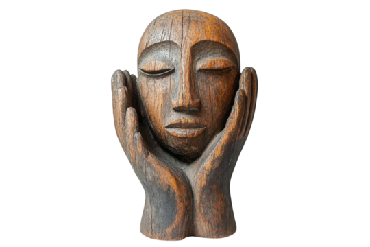 Unique carved wooden sculpture of a serene face cradled by hands represents tranquility and artistry