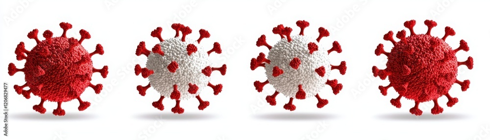 Aufkleber an illustration showing multiple views of a virus, characterized by a spherical shape with red spike