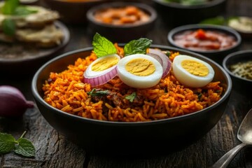 Delicious egg biryani in a bowl.