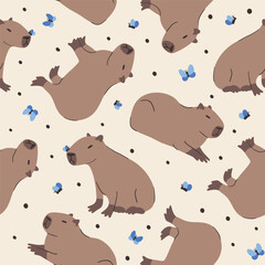 Cute hand drawn seamless pattern with capybaras and butterflies. Animal vector background for fabric or wallpaper design
