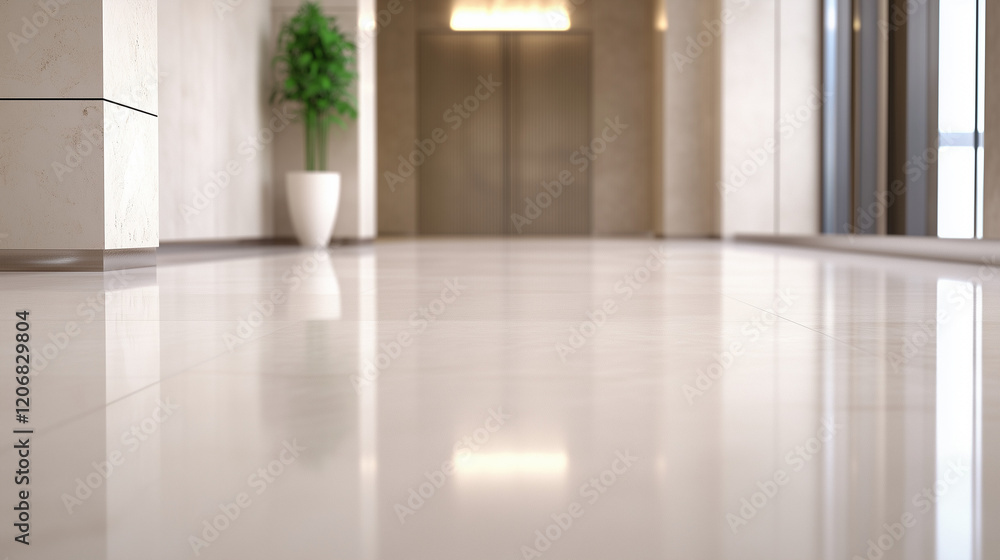Poster reflective hallway: a minimalist and sleek hallway design with a clean, polished floor reflecting li