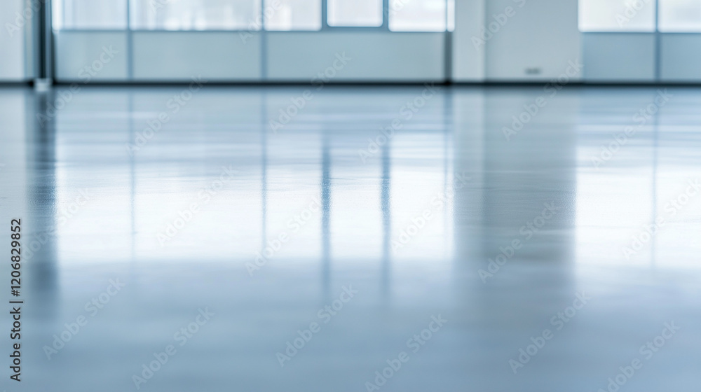 Poster reflective floor in modern office: a pristine, polished floor reflects the soft light streaming thro
