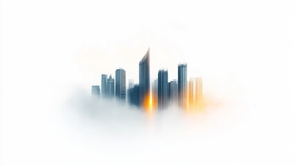 Fototapeta premium Ethereal Cityscape Emerging from Clouds at Sunrise, Featuring Modern Skyscrapers and Soft Light Reflecting on Surfaces, Symbolizing Urban Serenity and Innovation