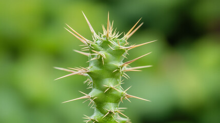 Obraz premium Prickly Resilience: Close-up of a vibrant green cactus, showcasing its sharp spines and resilient nature against a softly blurred green background. 