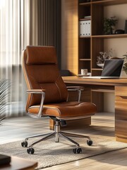 Fototapeta premium Comfortable mocha mousse leather office chair and desk in ceo office