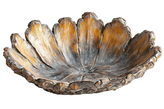 Decorative bowl made from textured resin resembling natural wood grain with detailed petals found in a home decor setting
