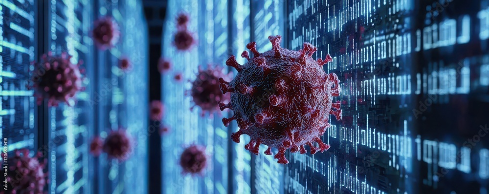 Poster a digital representation of a virus amidst a backdrop of binary code, illustrating the intersection 